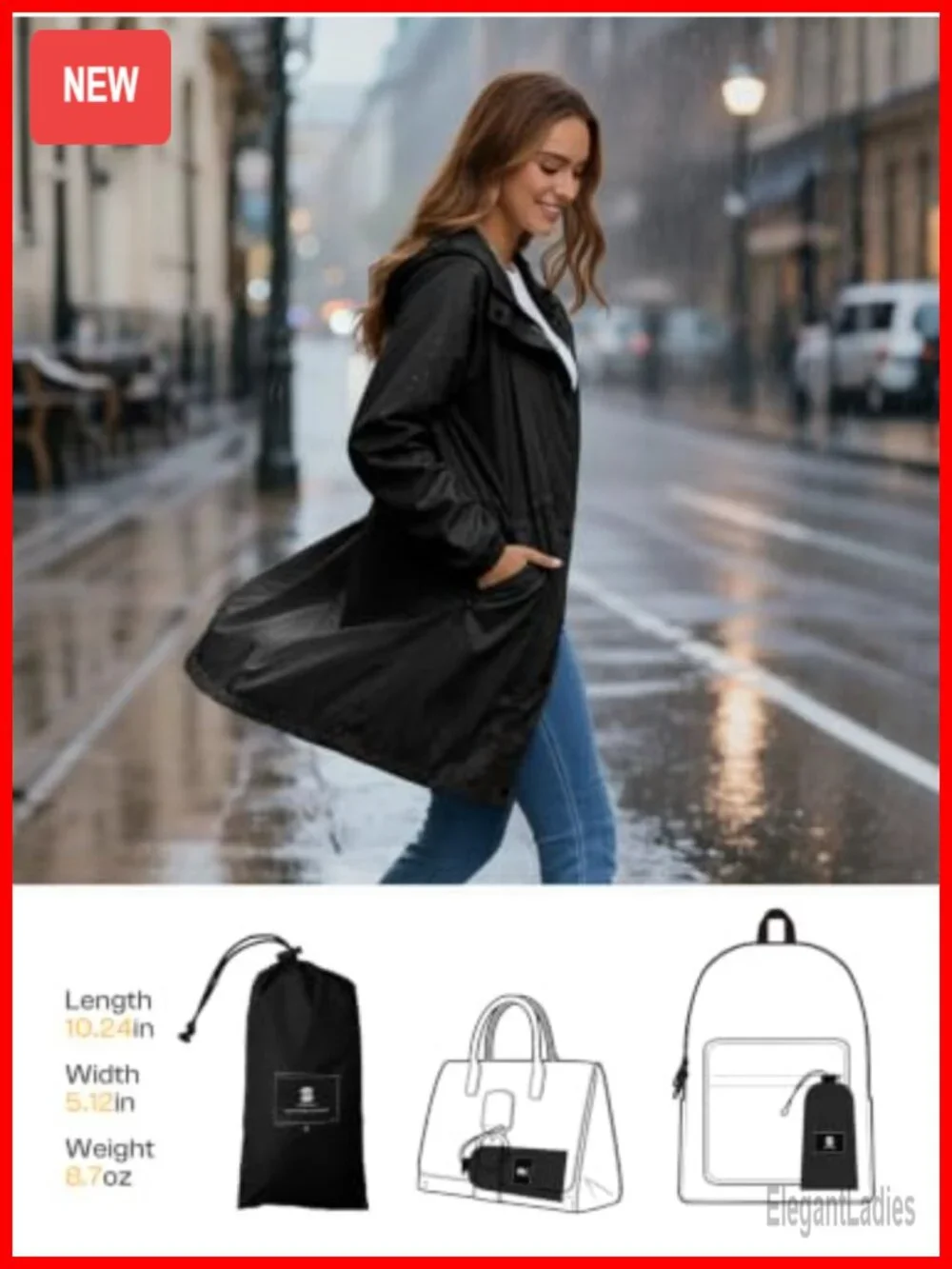 Lightweight Packable Long Rain Jacket Hooded Waterproof Trench Coat Outdoor